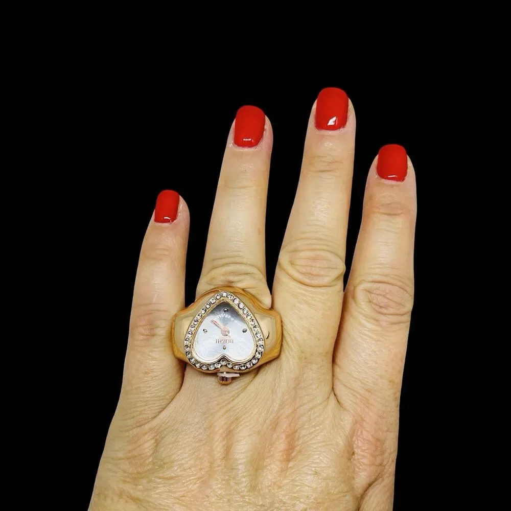 Ring Watch Rose Gold Heart Design With Crystals New